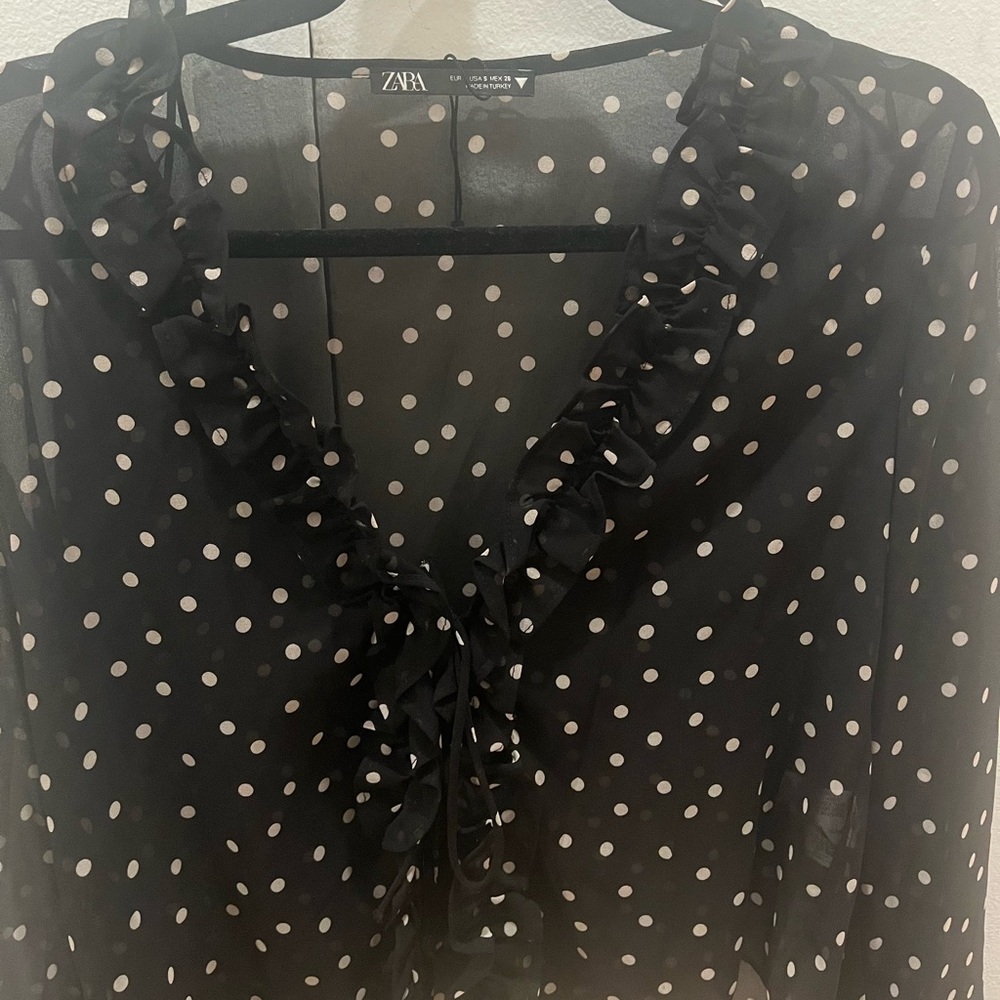 Zara black and white dotted ruffled shirt; size small